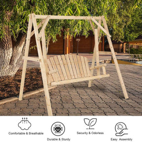 A-Frame Wood Log Patio Porch Swing with Stand, Outdoor Rustic Curved Back Swing Chair for Garden Yard