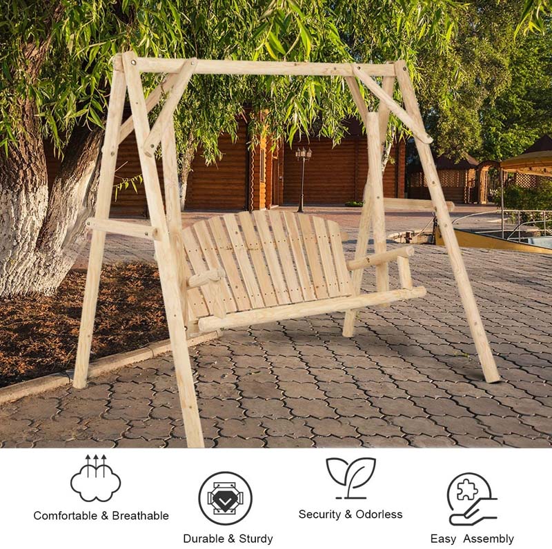 A-Frame Wood Log Patio Porch Swing with Stand, Outdoor Rustic Curved Back Swing Chair for Garden Yard