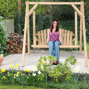 A-Frame Wood Log Patio Porch Swing with Stand, Outdoor Rustic Curved Back Swing Chair for Garden Yard