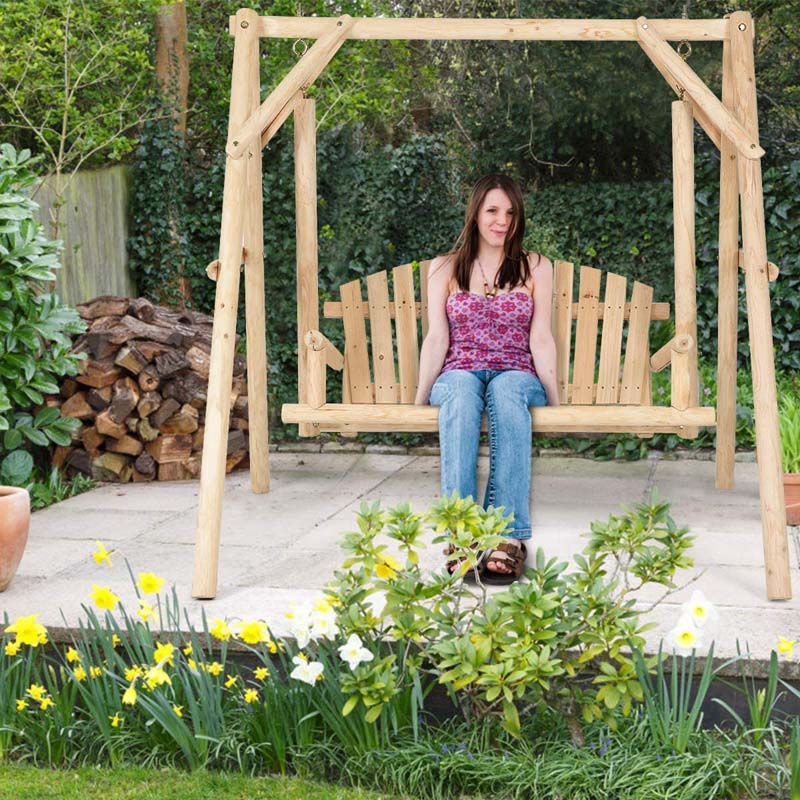 A-Frame Wood Log Patio Porch Swing with Stand, Outdoor Rustic Curved Back Swing Chair for Garden Yard