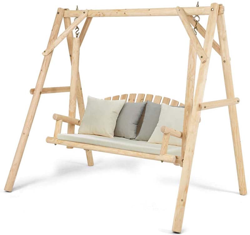 A-Frame Wood Log Patio Porch Swing with Stand, Outdoor Rustic Curved Back Swing Chair for Garden Yard