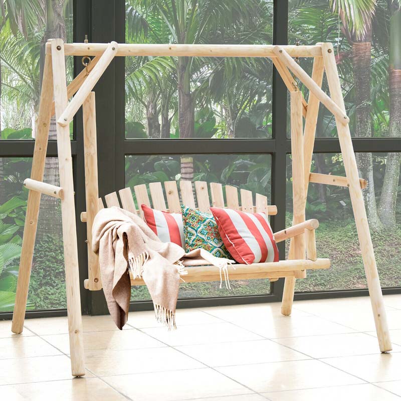 A-Frame Wood Log Patio Porch Swing with Stand, Outdoor Rustic Curved Back Swing Chair for Garden Yard