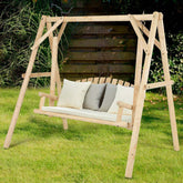 A-Frame Wood Log Patio Porch Swing with Stand, Outdoor Rustic Curved Back Swing Chair for Garden Yard
