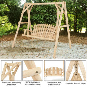 A-Frame Wood Log Patio Porch Swing with Stand, Outdoor Rustic Curved Back Swing Chair for Garden Yard