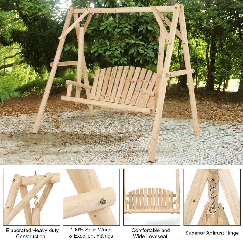 A-Frame Wood Log Patio Porch Swing with Stand, Outdoor Rustic Curved Back Swing Chair for Garden Yard