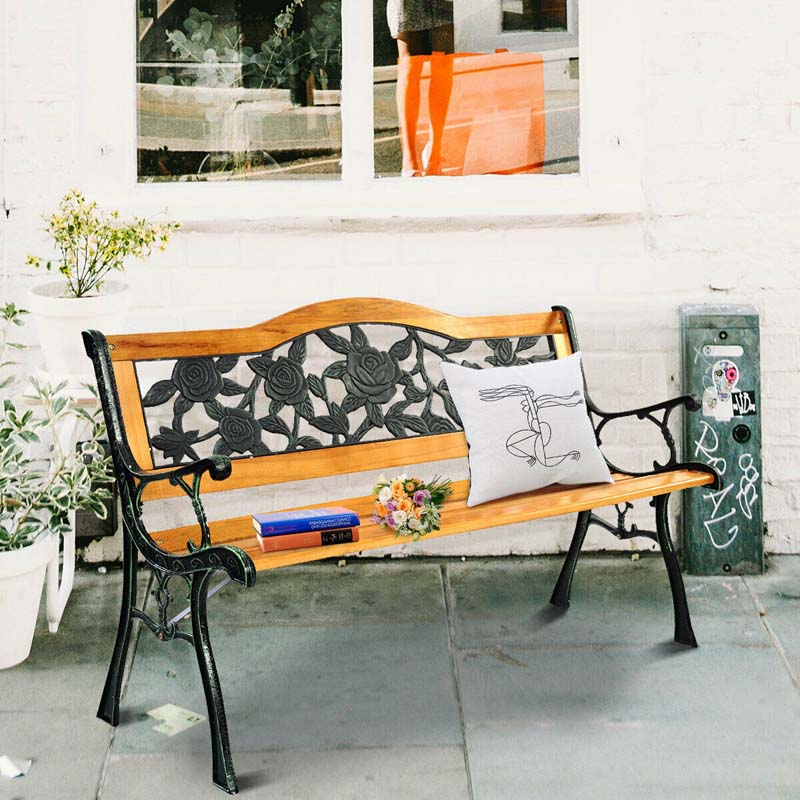 50" Garden Park Bench Cast Iron & Hardwood Weatherproof Outdoor Bench Patio Porch Loveseat Chair