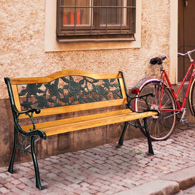 50" Garden Park Bench Cast Iron & Hardwood Weatherproof Outdoor Bench Patio Porch Loveseat Chair