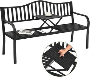59.5" Large Outdoor Patio Metal Bench Seat with Pullout Middle Table, Weather Resistance Park Bench for Garden Porch