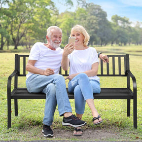 59.5" Large Outdoor Patio Metal Bench Seat with Pullout Middle Table, Weather Resistance Park Bench for Garden Porch
