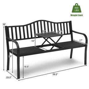 59.5" Large Outdoor Patio Metal Bench Seat with Pullout Middle Table, Weather Resistance Park Bench for Garden Porch
