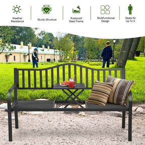 59.5" Large Outdoor Patio Metal Bench Seat with Pullout Middle Table, Weather Resistance Park Bench for Garden Porch