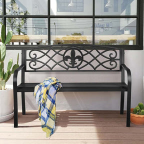 50" Weatherproof Outdoor Patio Bench with Pattern Backrest, Heavy-Duty Metal Park Bench for Garden Backyard Porch