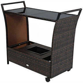 Outdoor Wicker Bar Cart Patio Wine Serving Cart Rolling Rattan Beverage Bar Counter Table with Glass Top & Ice Bucket