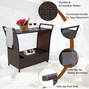 Outdoor Wicker Bar Cart Patio Wine Serving Cart Rolling Rattan Beverage Bar Counter Table with Glass Top & Ice Bucket