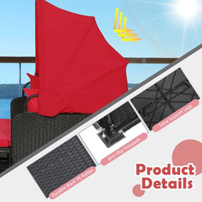 Patio Rattan Daybed, Outdoor Wicker Double Sun Lounger with Retractable Canopy, 2 Foldable Side Trays & Thick Cushions for Garden Poolside, Porch