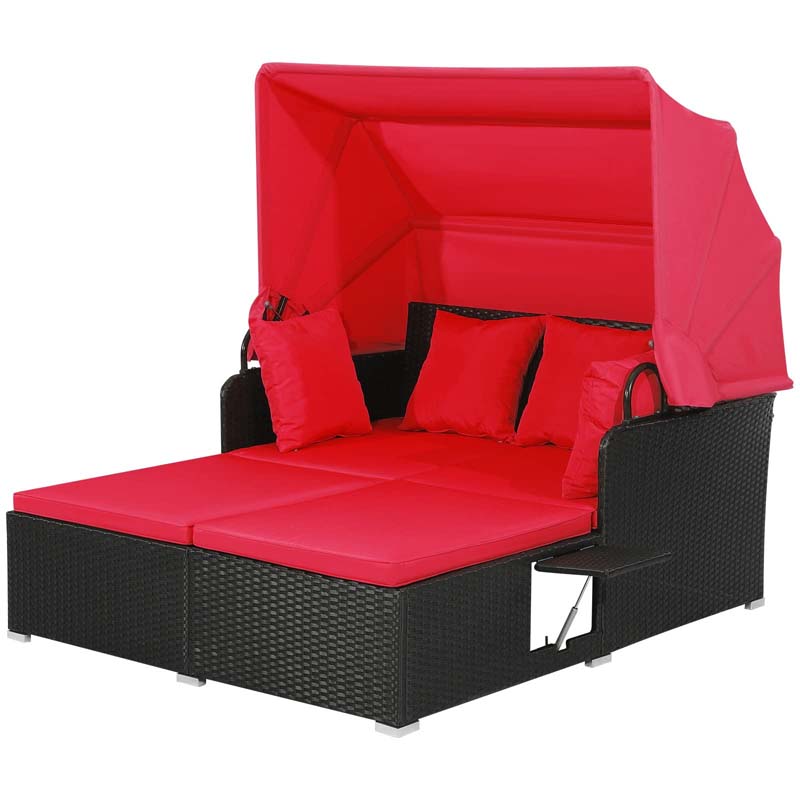 Patio Rattan Daybed, Outdoor Wicker Double Sun Lounger with Retractable Canopy, 2 Foldable Side Trays & Thick Cushions for Garden Poolside, Porch