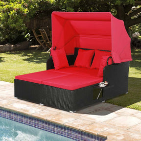Patio Rattan Daybed, Outdoor Wicker Double Sun Lounger with Retractable Canopy, 2 Foldable Side Trays & Thick Cushions for Garden Poolside, Porch