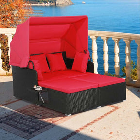 Patio Rattan Daybed, Outdoor Wicker Double Sun Lounger with Retractable Canopy, 2 Foldable Side Trays & Thick Cushions for Garden Poolside, Porch