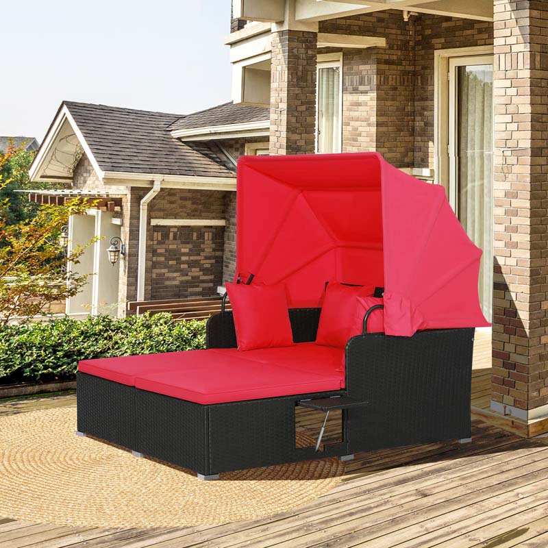 Patio Rattan Daybed, Outdoor Wicker Double Sun Lounger with Retractable Canopy, 2 Foldable Side Trays & Thick Cushions for Garden Poolside, Porch