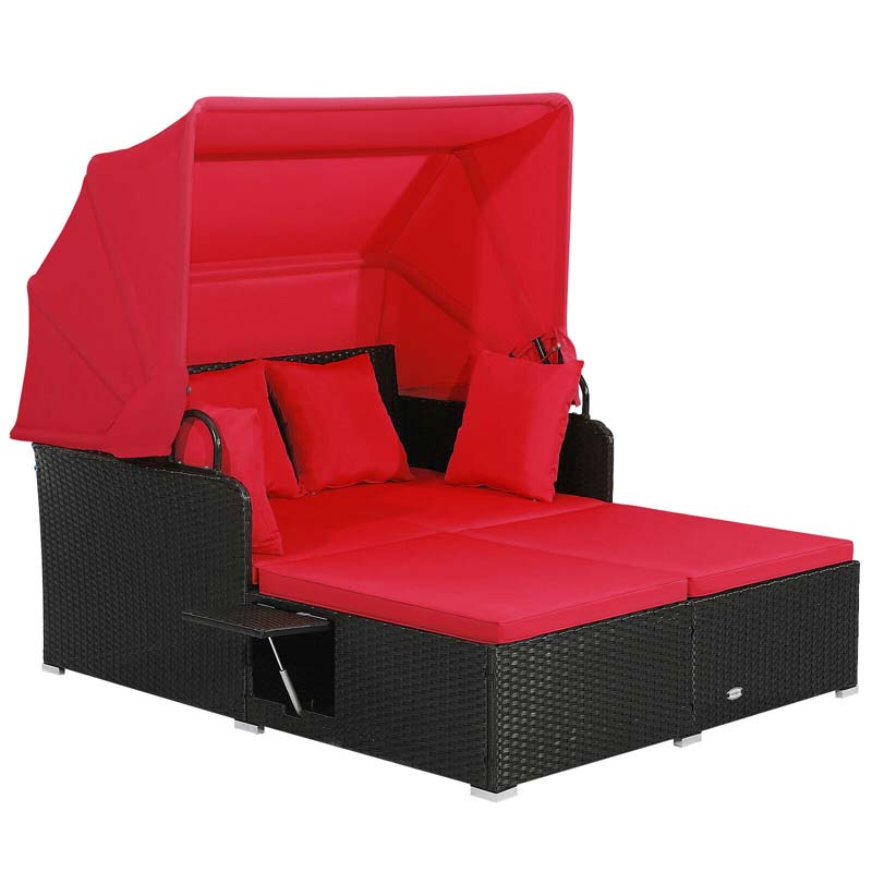 Patio Rattan Daybed, Outdoor Wicker Double Sun Lounger with Retractable Canopy, 2 Foldable Side Trays & Thick Cushions for Garden Poolside, Porch
