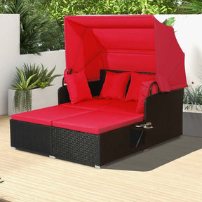 Patio Rattan Daybed, Outdoor Wicker Double Sun Lounger with Retractable Canopy, 2 Foldable Side Trays & Thick Cushions for Garden Poolside, Porch