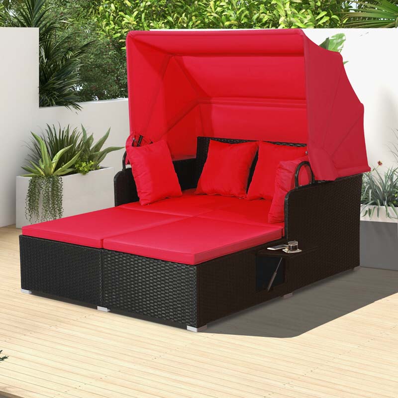 Patio Rattan Daybed, Outdoor Wicker Double Sun Lounger with Retractable Canopy, 2 Foldable Side Trays & Thick Cushions for Garden Poolside, Porch