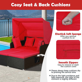 Patio Rattan Daybed, Outdoor Wicker Double Sun Lounger with Retractable Canopy, 2 Foldable Side Trays & Thick Cushions for Garden Poolside, Porch