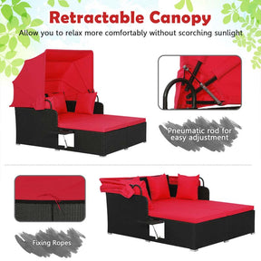 Patio Rattan Daybed, Outdoor Wicker Double Sun Lounger with Retractable Canopy, 2 Foldable Side Trays & Thick Cushions for Garden Poolside, Porch