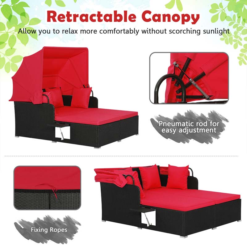 Patio Rattan Daybed, Outdoor Wicker Double Sun Lounger with Retractable Canopy, 2 Foldable Side Trays & Thick Cushions for Garden Poolside, Porch