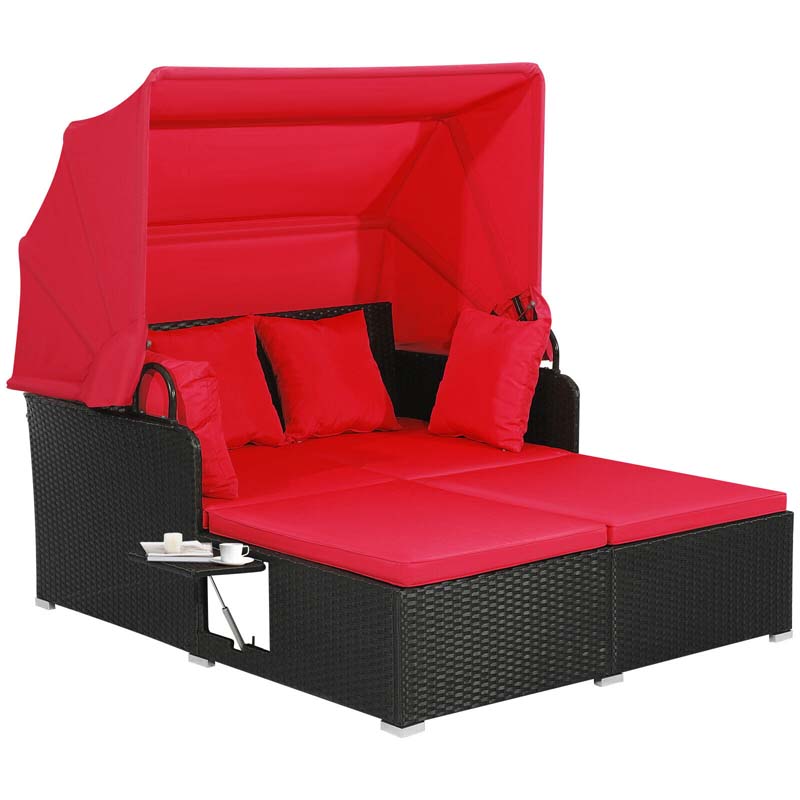Patio Rattan Daybed, Outdoor Wicker Double Sun Lounger with Retractable Canopy, 2 Foldable Side Trays & Thick Cushions for Garden Poolside, Porch