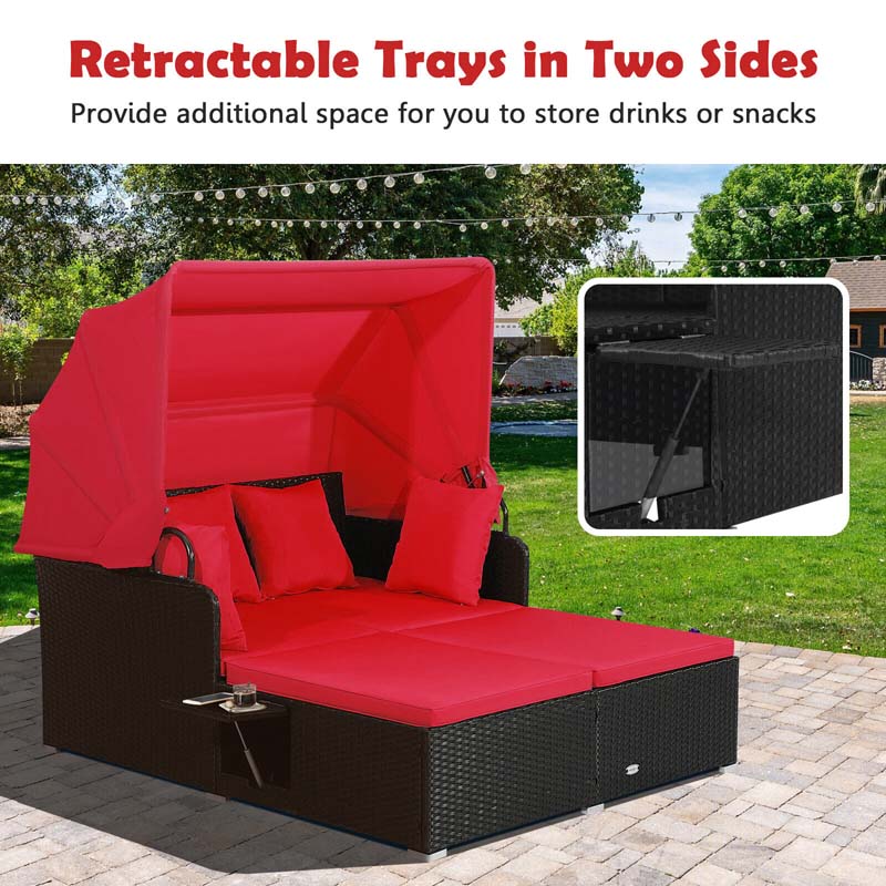 Patio Rattan Daybed, Outdoor Wicker Double Sun Lounger with Retractable Canopy, 2 Foldable Side Trays & Thick Cushions for Garden Poolside, Porch