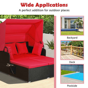Patio Rattan Daybed, Outdoor Wicker Double Sun Lounger with Retractable Canopy, 2 Foldable Side Trays & Thick Cushions for Garden Poolside, Porch