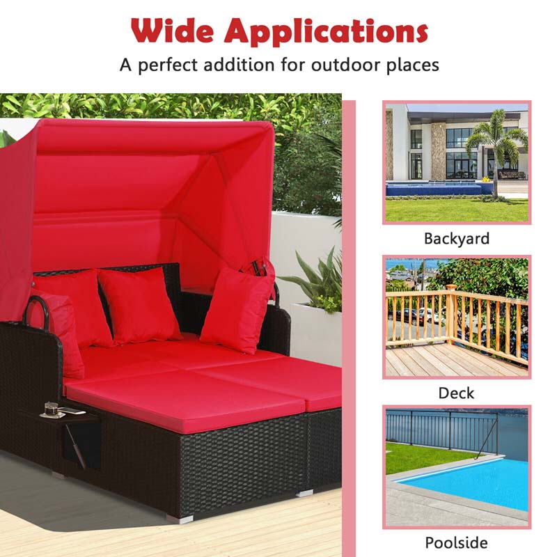 Patio Rattan Daybed, Outdoor Wicker Double Sun Lounger with Retractable Canopy, 2 Foldable Side Trays & Thick Cushions for Garden Poolside, Porch