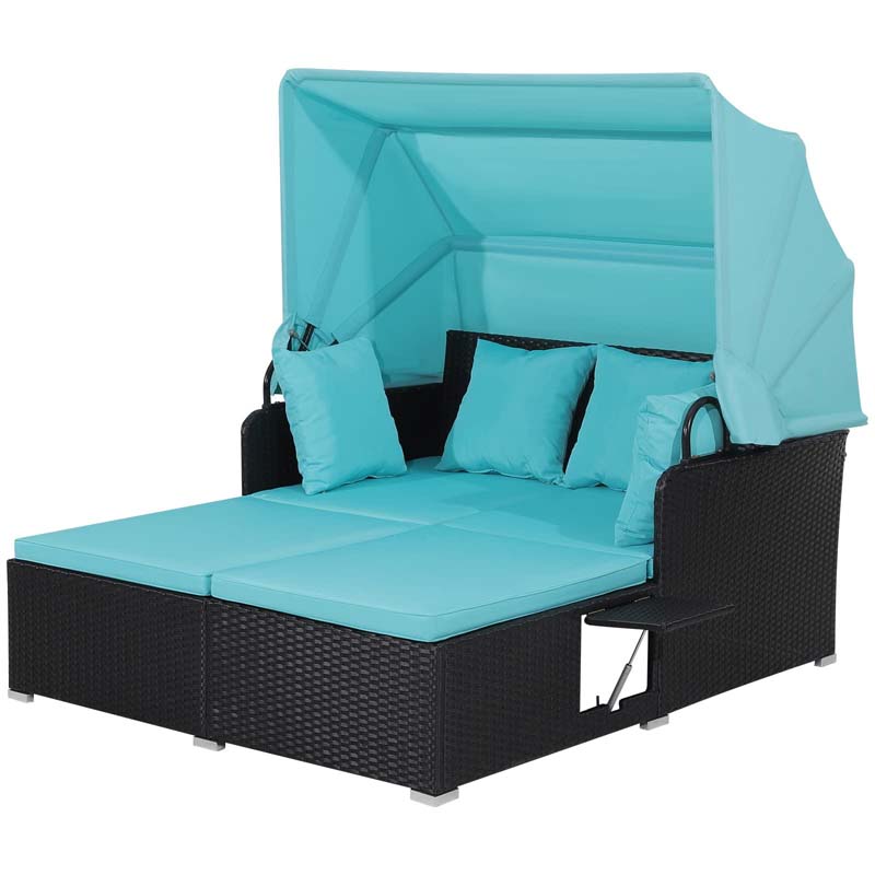 Patio Rattan Daybed, Outdoor Wicker Double Sun Lounger with Retractable Canopy, 2 Foldable Side Trays & Thick Cushions for Garden Poolside, Porch