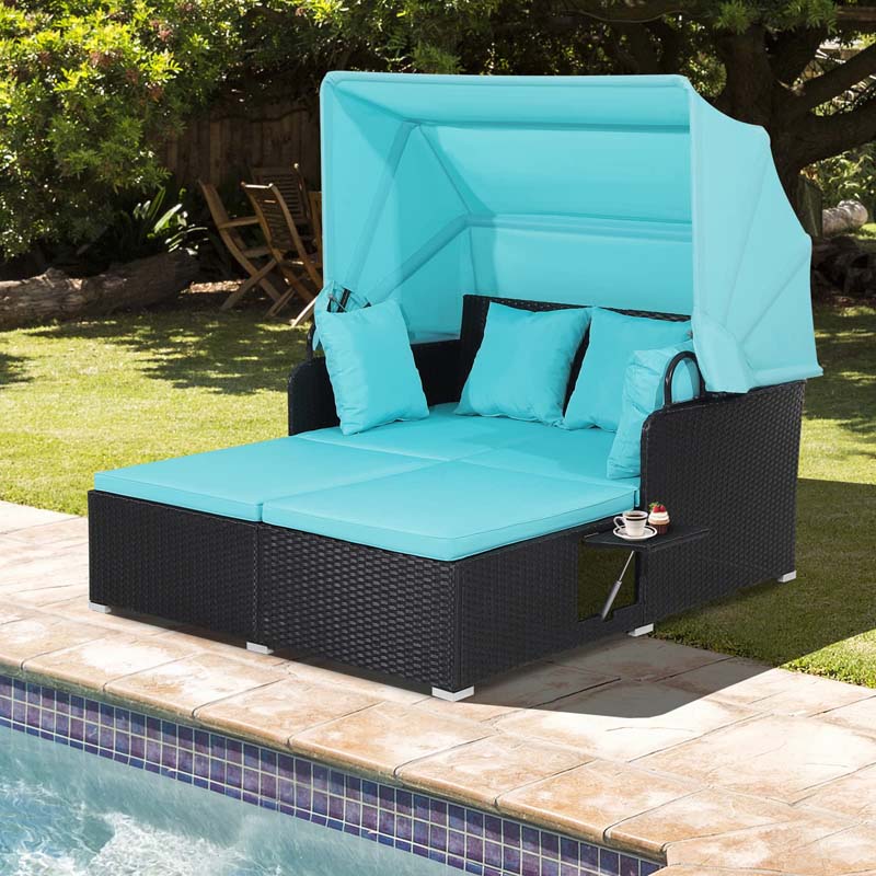 Patio Rattan Daybed, Outdoor Wicker Double Sun Lounger with Retractable Canopy, 2 Foldable Side Trays & Thick Cushions for Garden Poolside, Porch