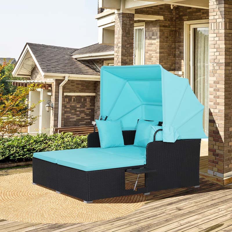 Patio Rattan Daybed, Outdoor Wicker Double Sun Lounger with Retractable Canopy, 2 Foldable Side Trays & Thick Cushions for Garden Poolside, Porch