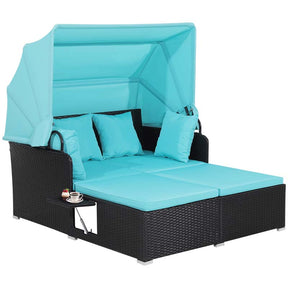 Patio Rattan Daybed, Outdoor Wicker Double Sun Lounger with Retractable Canopy, 2 Foldable Side Trays & Thick Cushions for Garden Poolside, Porch