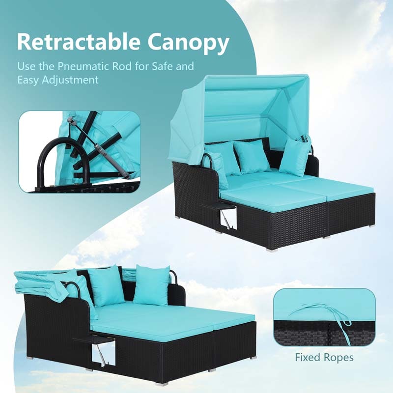 Patio Rattan Daybed, Outdoor Wicker Double Sun Lounger with Retractable Canopy, 2 Foldable Side Trays & Thick Cushions for Garden Poolside, Porch