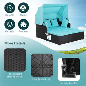 Patio Rattan Daybed, Outdoor Wicker Double Sun Lounger with Retractable Canopy, 2 Foldable Side Trays & Thick Cushions for Garden Poolside, Porch