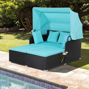 Patio Rattan Daybed, Outdoor Wicker Double Sun Lounger with Retractable Canopy, 2 Foldable Side Trays & Thick Cushions for Garden Poolside, Porch