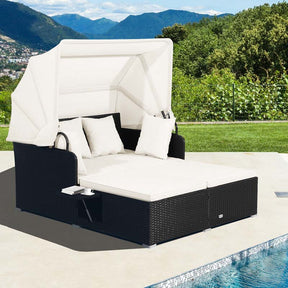 Patio Rattan Daybed, Outdoor Wicker Double Sun Lounger with Retractable Canopy, 2 Foldable Side Trays & Thick Cushions for Garden Poolside, Porch