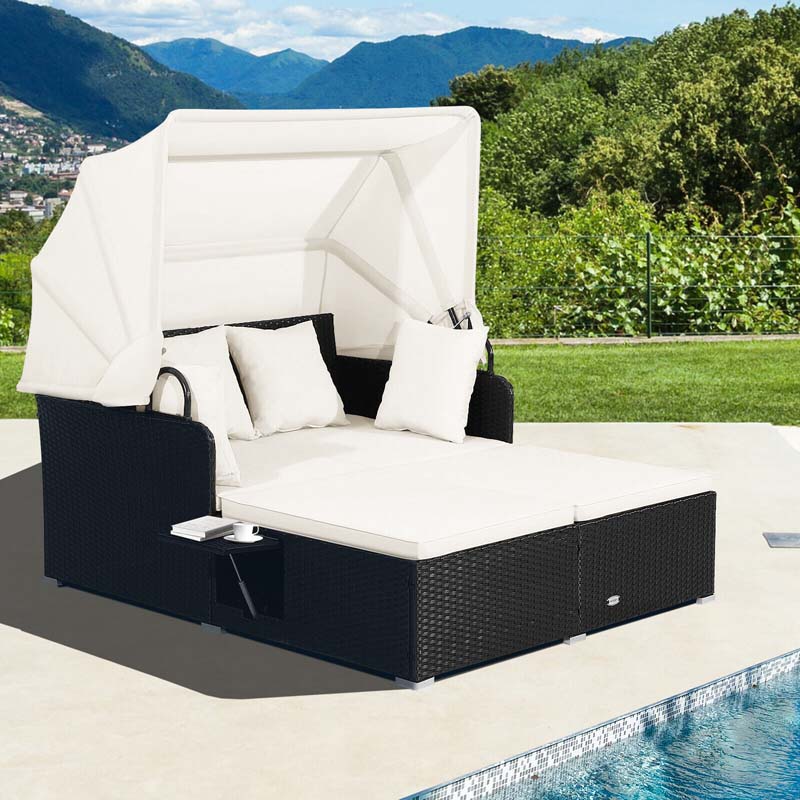 Patio Rattan Daybed, Outdoor Wicker Double Sun Lounger with Retractable Canopy, 2 Foldable Side Trays & Thick Cushions for Garden Poolside, Porch