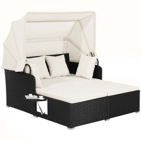 Patio Rattan Daybed, Outdoor Wicker Double Sun Lounger with Retractable Canopy, 2 Foldable Side Trays & Thick Cushions for Garden Poolside, Porch