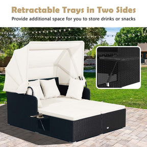 Patio Rattan Daybed, Outdoor Wicker Double Sun Lounger with Retractable Canopy, 2 Foldable Side Trays & Thick Cushions for Garden Poolside, Porch