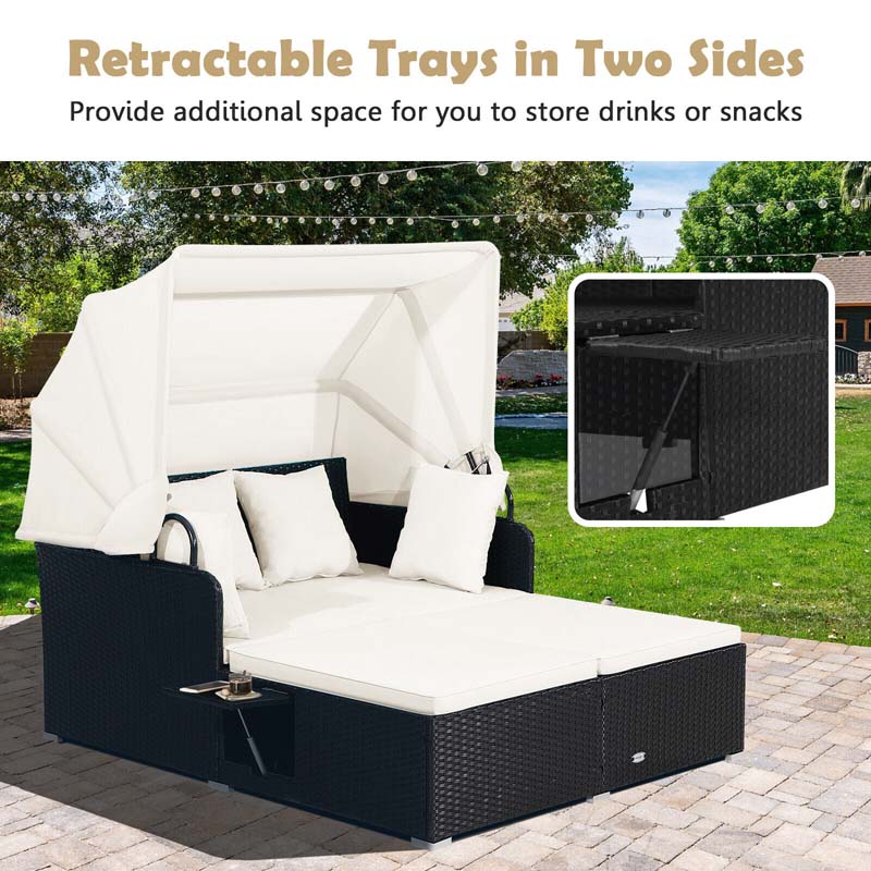 Patio Rattan Daybed, Outdoor Wicker Double Sun Lounger with Retractable Canopy, 2 Foldable Side Trays & Thick Cushions for Garden Poolside, Porch