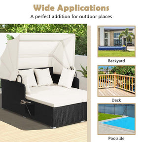 Patio Rattan Daybed, Outdoor Wicker Double Sun Lounger with Retractable Canopy, 2 Foldable Side Trays & Thick Cushions for Garden Poolside, Porch