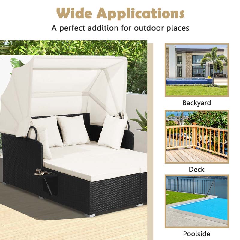 Patio Rattan Daybed, Outdoor Wicker Double Sun Lounger with Retractable Canopy, 2 Foldable Side Trays & Thick Cushions for Garden Poolside, Porch
