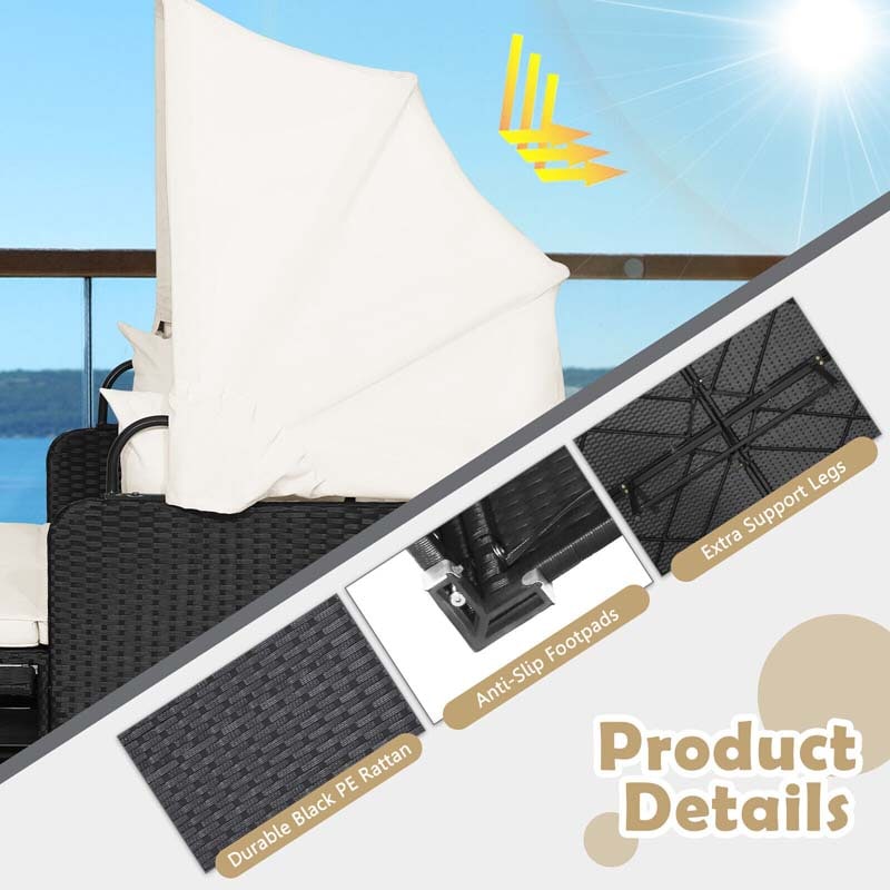 Patio Rattan Daybed, Outdoor Wicker Double Sun Lounger with Retractable Canopy, 2 Foldable Side Trays & Thick Cushions for Garden Poolside, Porch