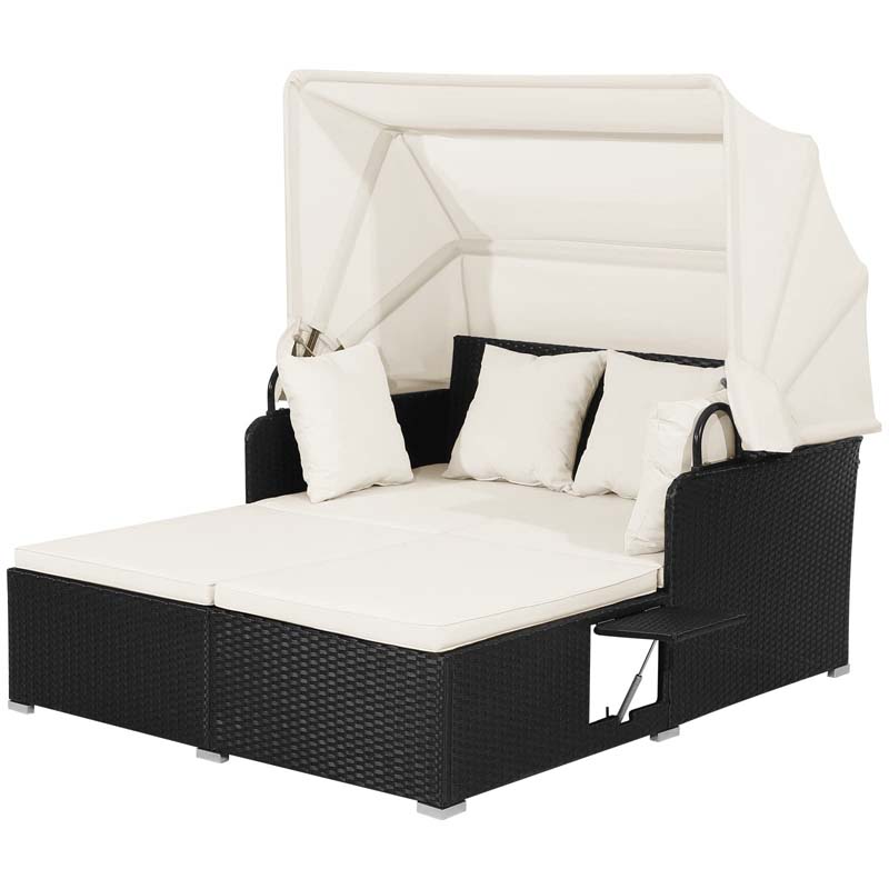 Patio Rattan Daybed, Outdoor Wicker Double Sun Lounger with Retractable Canopy, 2 Foldable Side Trays & Thick Cushions for Garden Poolside, Porch
