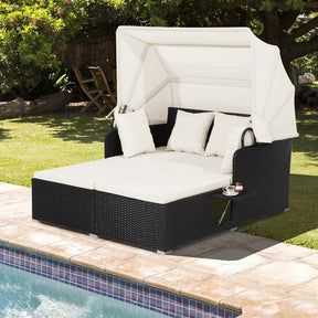 Patio Rattan Daybed, Outdoor Wicker Double Sun Lounger with Retractable Canopy, 2 Foldable Side Trays & Thick Cushions for Garden Poolside, Porch